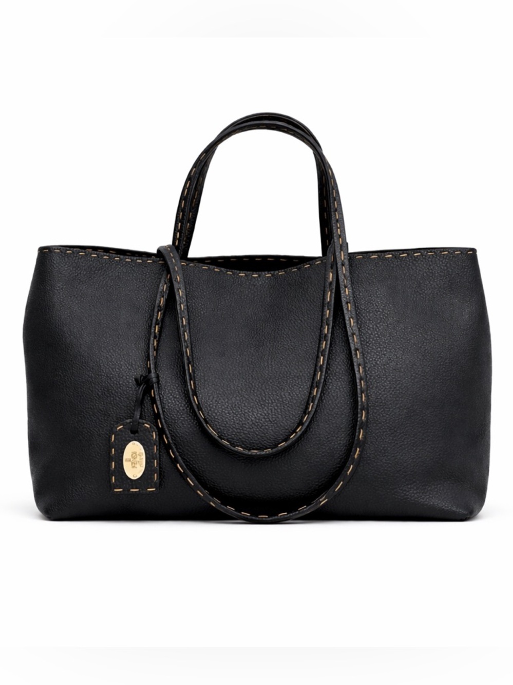 FENDI Selleria Black Whipstitched Pebbled Leather & Suede Large Tote